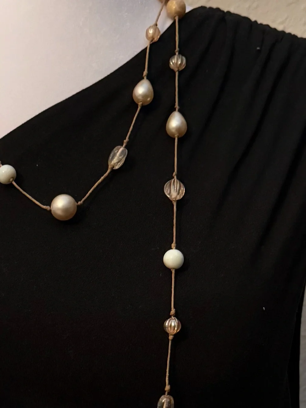 Elegant Long Pearl & Bead Necklace - Neutral Tones